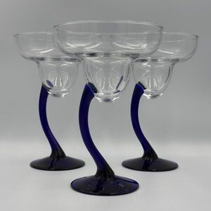 Libbey Bravura Margarita Glasses with Curved Cobalt Blue Stem Set of 3